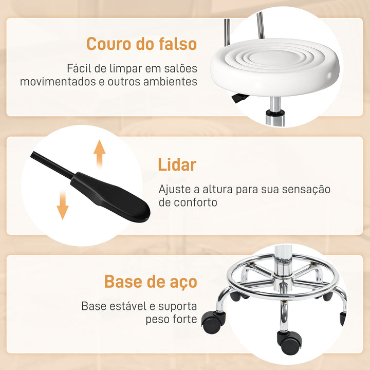 Banco Giratório com Rodas e Encosto Banco de Trabalho com Altura Ajustável 70-86 cm Banco Estofado em Couro Sintético Branco