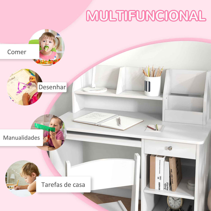 Conjunto de Secretária e Cadeira para Crianças acima de 5 Anos Mesa e Cadeira Infantil com 2 Gavetas e Compartimento para Dormitório Sala de Estudo Branco