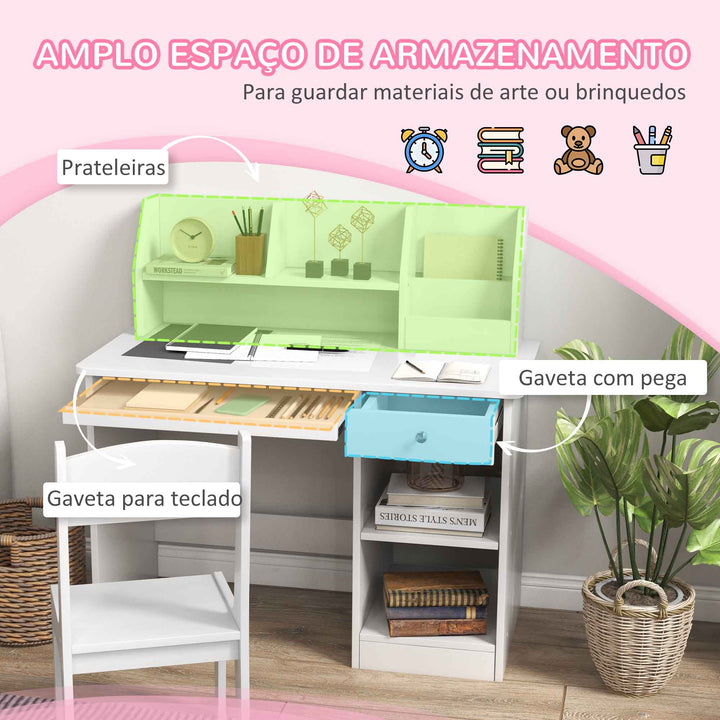 Conjunto de Secretária e Cadeira para Crianças acima de 5 Anos Mesa e Cadeira Infantil com 2 Gavetas e Compartimento para Dormitório Sala de Estudo Branco