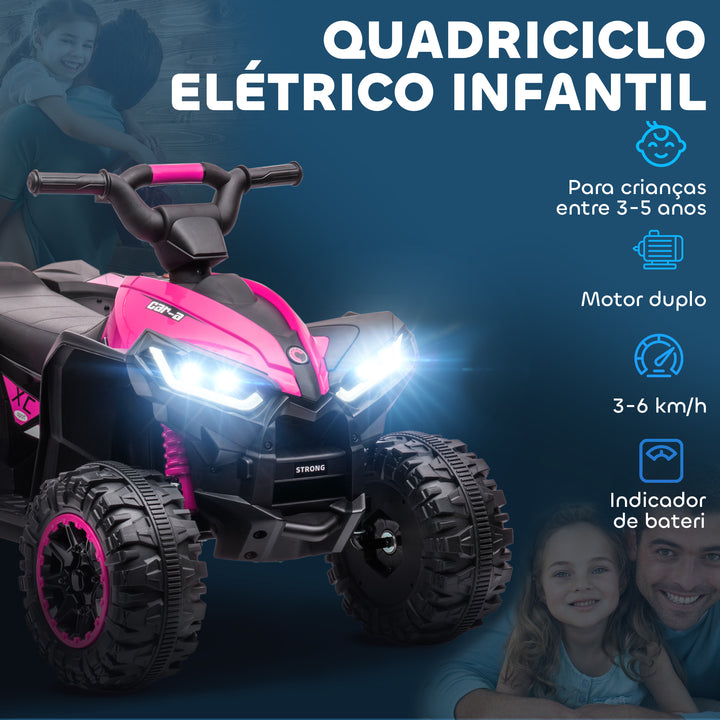 Quadriciclo Elétrico para Crianças de 3-5 Anos Veículo Eléctrico a Bateria 12V com 2 Motores Farol Música Velocidade Ajustável Avançar e Retroceder 83x53x55,5 cm Rosa
