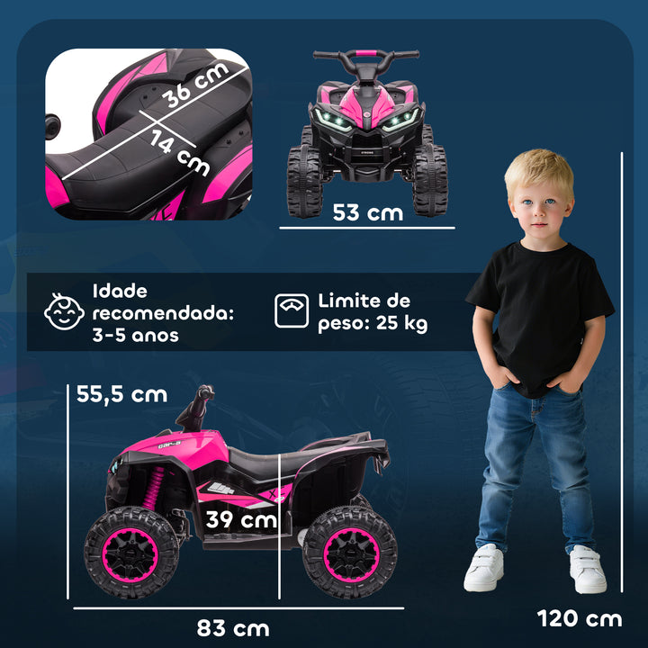 Quadriciclo Elétrico para Crianças de 3-5 Anos Veículo Eléctrico a Bateria 12V com 2 Motores Farol Música Velocidade Ajustável Avançar e Retroceder 83x53x55,5 cm Rosa