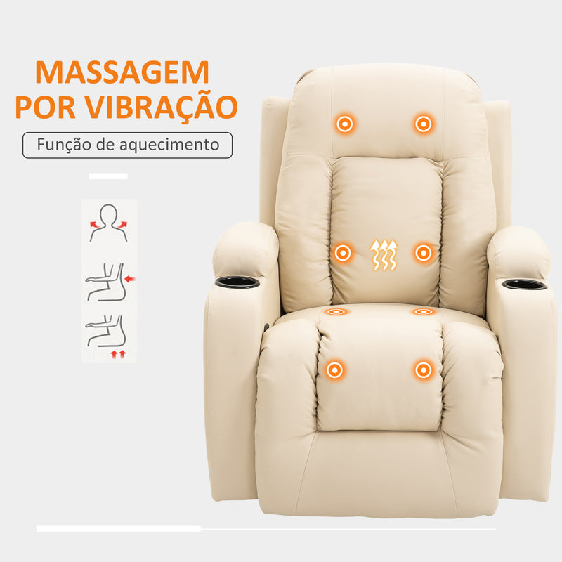 Poltrona de Massagem Reclinável até 150° Poltrona Relax com 8 Pontos de Massagem por Vibração Função de Aquecimento Giratória e Controlo Remoto 85x94x104 cm Creme