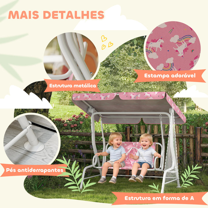 Baloiço de Jardim Exterior Infantil de 2 Lugares, Baloiço de Jardim com Toldo Ajustável, Cintos de Segurança, Design de Unicórnio e Arco-Íris, para Interior e Exterior, 112x75x120 cm, Rosa