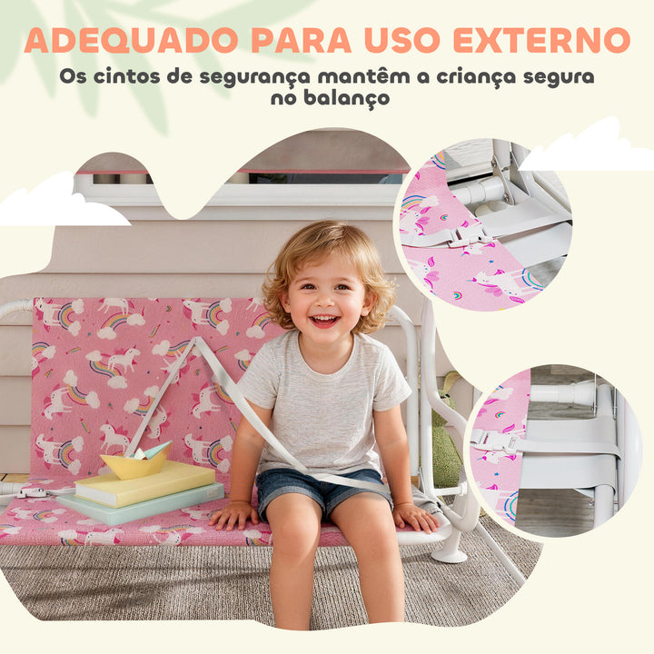 Baloiço de Jardim Exterior Infantil de 2 Lugares, Baloiço de Jardim com Toldo Ajustável, Cintos de Segurança, Design de Unicórnio e Arco-Íris, para Interior e Exterior, 112x75x120 cm, Rosa
