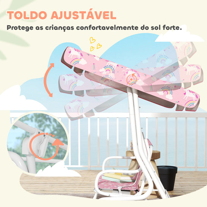 Baloiço de Jardim Exterior Infantil de 2 Lugares, Baloiço de Jardim com Toldo Ajustável, Cintos de Segurança, Design de Unicórnio e Arco-Íris, para Interior e Exterior, 112x75x120 cm, Rosa