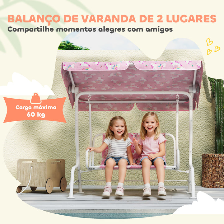 Baloiço de Jardim Exterior Infantil de 2 Lugares, Baloiço de Jardim com Toldo Ajustável, Cintos de Segurança, Design de Unicórnio e Arco-Íris, para Interior e Exterior, 112x75x120 cm, Rosa