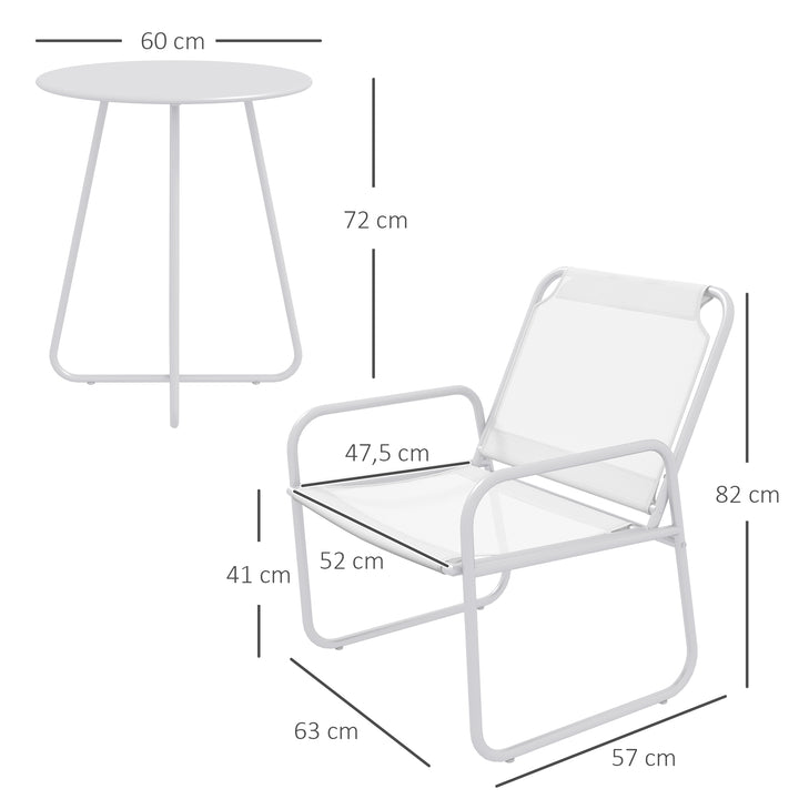 Conjunto de Móveis de Jardim Conjunto de 1 Mesa Redonda e 2 Cadeiras de Varanda com Estrutura de Aço Apoio para os Braços e Pés com Almofadas Ajustáveis para Varanda Pátio Branco