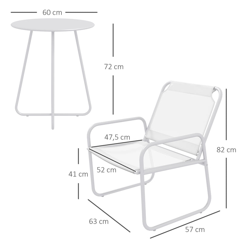 Conjunto de Móveis de Jardim Conjunto de 1 Mesa Redonda e 2 Cadeiras de Varanda com Estrutura de Aço Apoio para os Braços e Pés com Almofadas Ajustáveis para Varanda Pátio Branco