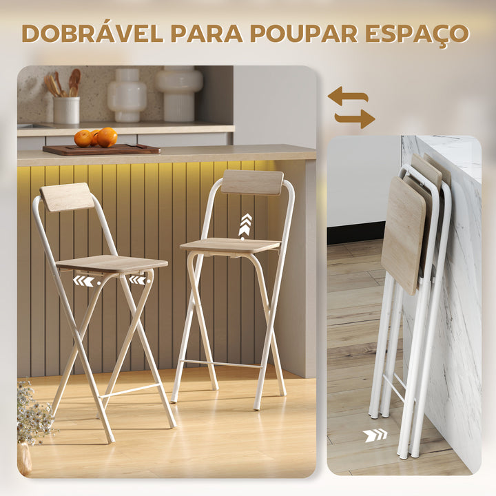 Conjunto de 2 Bancos de Bar Dobráveis Bancos Altos de Cozinha com Encosto Apoio para os Pés e Estrutura de Aço para Sala de Jantar Balcão 37x45x87 cm Madeira