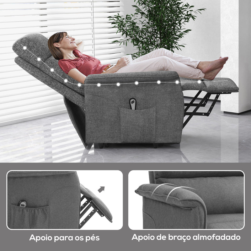 Poltrona Relax Reclinável Elétrica Poltrona Levanta Pessoas com Controlo Remoto e Bolso Lateral Poltrona Elétrica para Sala de Estar Dormitório 66x90x96 cm Cinza