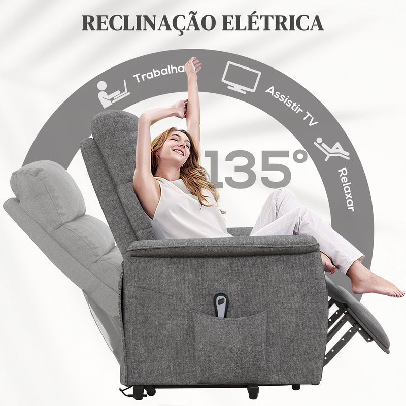 Poltrona Relax Reclinável Elétrica Poltrona Levanta Pessoas com Controlo Remoto e Bolso Lateral Poltrona Elétrica para Sala de Estar Dormitório 66x90x96 cm Cinza