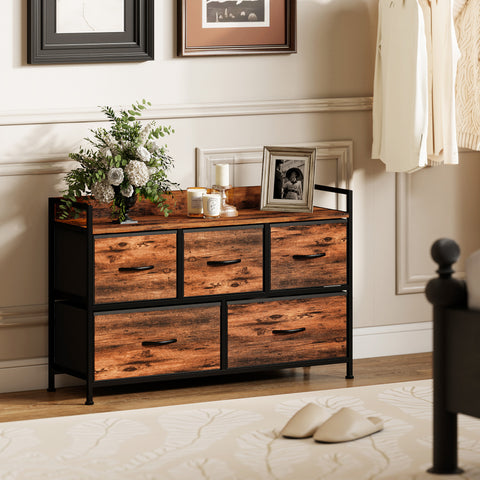 Cómoda com 5 Gavetas de Tecido Cómoda de Estilo Industrial com Estrutura Metálica para Sala de Estar Entrada Quarto 98x29x63 cm Castanho Rústico