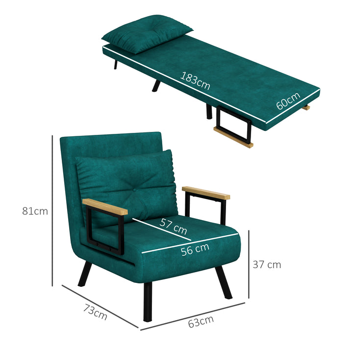 Poltrona Convertível em Cama Dobrável Poltrona Convertível em Cama com Encosto Ajustável em 5 Níveis e Almofada Acolchoada para Escritório Dormitório Sala de Estar Carga 120 kg 63x73x81 cm Verde