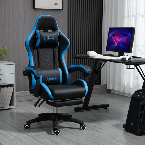 Cadeira Gaming Ergonómica Cadeira Gamer de Pele PU com Reclinação até 135° Suporte Lombar Altura Ajustável Apoio para a Cabeça e Apoio para os Pés Retrátil Preto e Azul