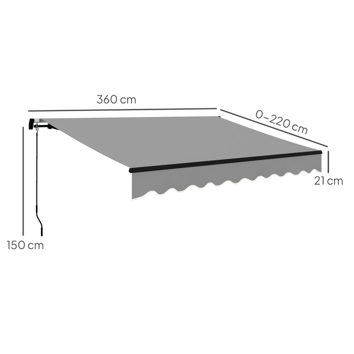 Toldo Manual Retrátil 360x220 cm Toldo para Balcão com Manivela de Alumínio e Proteção UV30+ Toldo Enrolável de Exterior para Jardim Terraço Janelas Cinza