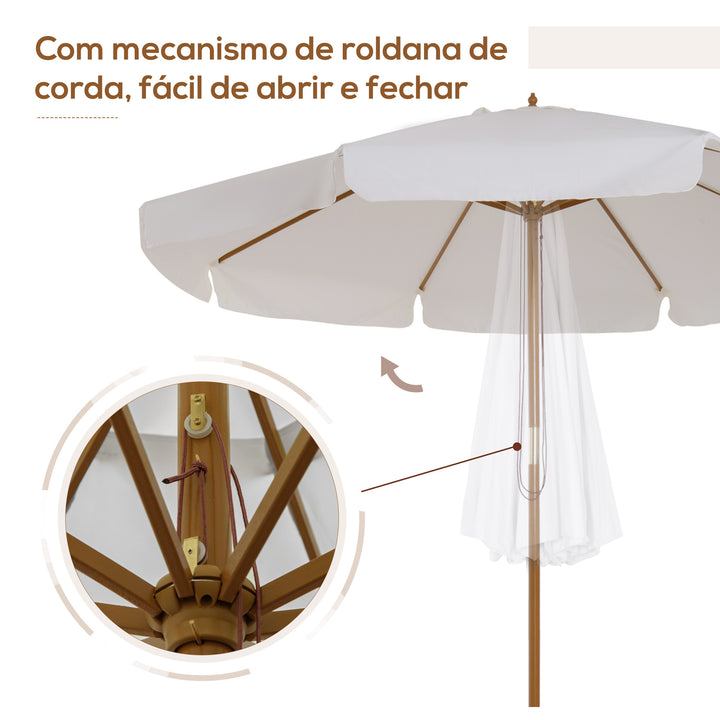 Chapéu de Sol de Jardim Ø325x250 cm Chapéu de Sol de Madeira com Sistema de Polea Teto com Ventilação e 8 Hastes de Bambú para Terraço Balcão Exterior Bege