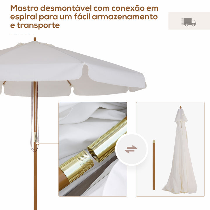 Chapéu de Sol de Jardim Ø325x250 cm Chapéu de Sol de Madeira com Sistema de Polea Teto com Ventilação e 8 Hastes de Bambú para Terraço Balcão Exterior Bege