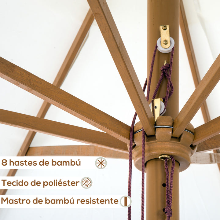 Chapéu de Sol de Jardim Ø325x250 cm Chapéu de Sol de Madeira com Sistema de Polea Teto com Ventilação e 8 Hastes de Bambú para Terraço Balcão Exterior Bege