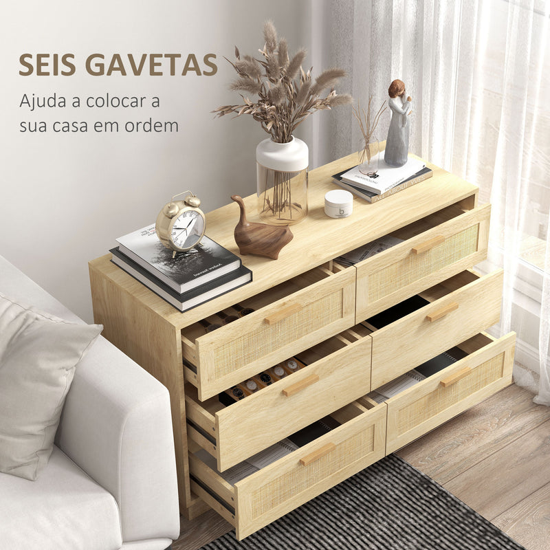 Cómoda para Quarto Cómoda de Madeira com 6 Gavetas de Vime Estilo Boêmio Cómoda para Corredor Sala de Estar Escritório 110x40x69 cm Carvalho