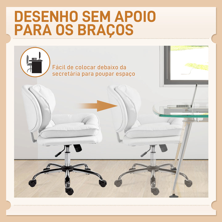 Cadeira de Escritório com Rodas Cadeira para Secretária com Função Inclinável Assento Amplo Sem Braços Duplo Acolchoamento Altura Ajustável 60x65x83-93 cm Branco