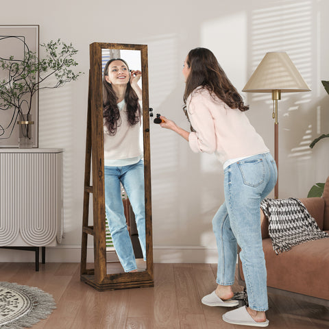 Joalheiro de Pé Armário para Jóias 360° Organizador de Jóias com Fechadura e Espelho Incorporado Carga Máxima 20 kg 38x38x160 cm Marrom Rústico