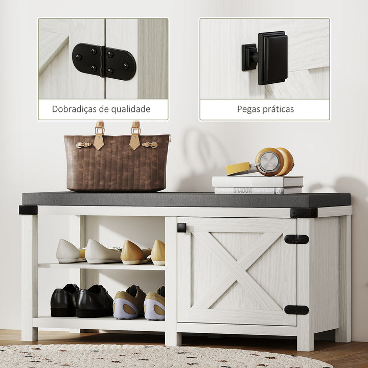 Banco Sapateira Rústico Sapateira com Assento Organizador de Sapatos com Compartimentos Almofada para 7 Pares de Sapatos para Entrada Sala de Estar Quarto 100x40x48 cm Branco com Veios e Cinza