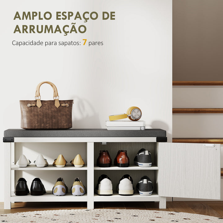 Banco Sapateira Rústico Sapateira com Assento Organizador de Sapatos com Compartimentos Almofada para 7 Pares de Sapatos para Entrada Sala de Estar Quarto 100x40x48 cm Branco com Veios e Cinza