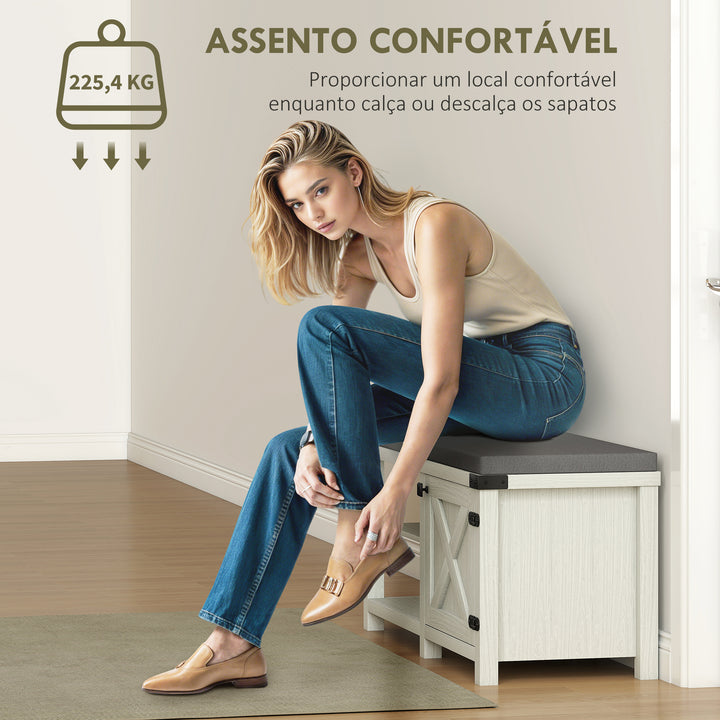 Banco Sapateira Rústico Sapateira com Assento Organizador de Sapatos com Compartimentos Almofada para 7 Pares de Sapatos para Entrada Sala de Estar Quarto 100x40x48 cm Branco com Veios e Cinza
