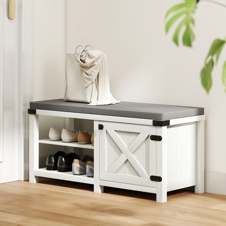 Banco Sapateira Rústico Sapateira com Assento Organizador de Sapatos com Compartimentos Almofada para 7 Pares de Sapatos para Entrada Sala de Estar Quarto 100x40x48 cm Branco com Veios e Cinza