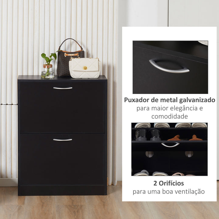 Sapateira de Madeira Armário para Sapatos com 2 Compartimentos para Entrada Corredor Dormitório Sala de Estar 60x24x80 cm Preto
