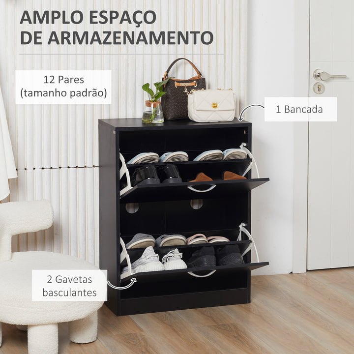 Sapateira de Madeira Armário para Sapatos com 2 Compartimentos para Entrada Corredor Dormitório Sala de Estar 60x24x80 cm Preto