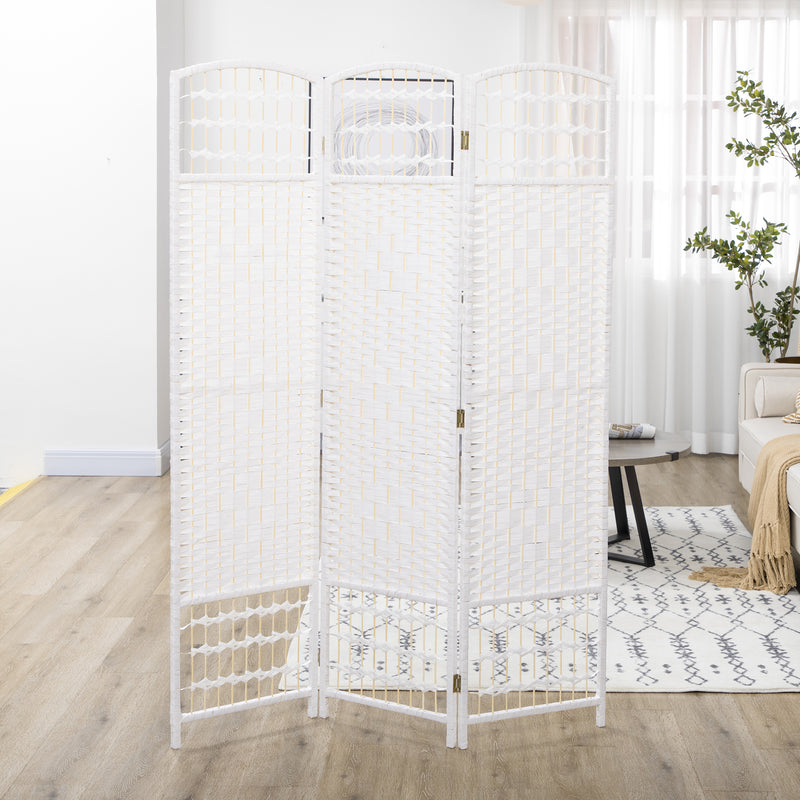 Biombo Separador de Ambientes de 3 Painéis 120x170 cm Divisória de Ambientes Dobrável com Corda de Papel e Estrutura de Madeira Decoração para Dormitório Sala de Estar Branco