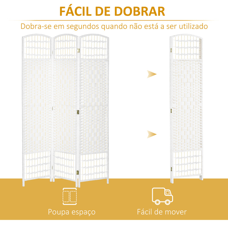 Biombo Separador de Ambientes de 3 Painéis 120x170 cm Divisória de Ambientes Dobrável com Corda de Papel e Estrutura de Madeira Decoração para Dormitório Sala de Estar Branco