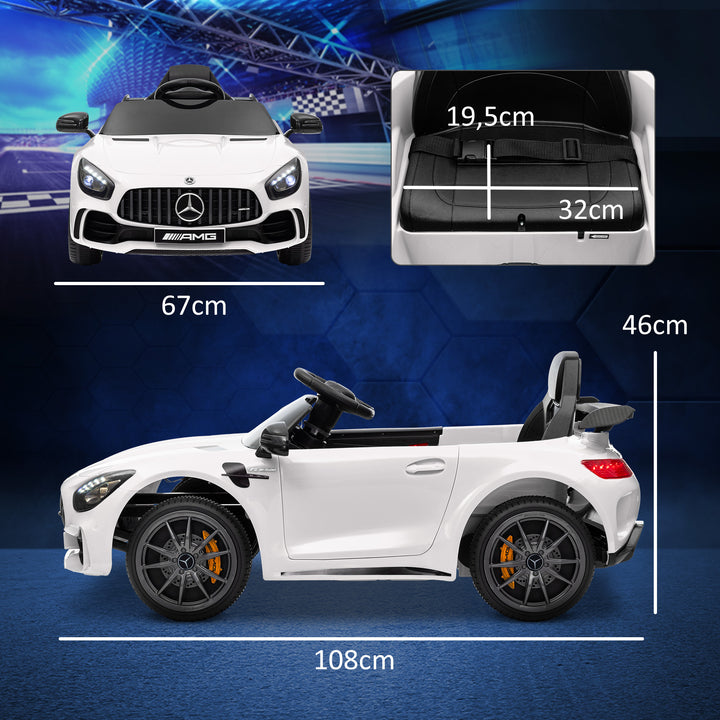 Carro Elétrico para Crianças acima de 3 Anos Carro Mercedes-Benz AMG GTR Carro Elétrico Infantil com Bateria 12V Controlo Remoto Faróis Buzina e Música 108x67x46 cm Branco
