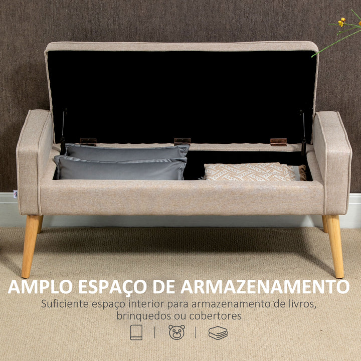 Banco de Armazenamento Baú de Armazenamento Estofado em Linho com Tampa Abatível e Pés de Madeira para Dormitório Sala de Estar Entrada Carga 120kg 120x45x54cm Bege