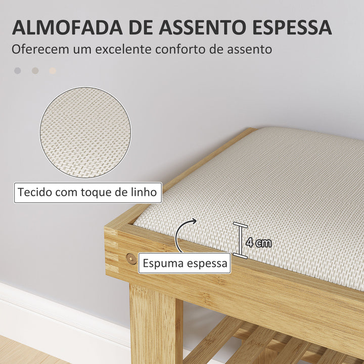 Banco Sapateira de Bambu Sapateira com Assento Almofadado 2 Prateleiras para 6 Pares de Sapatos para Entrada Dormitório 60x29x49 cm Madeira e Creme