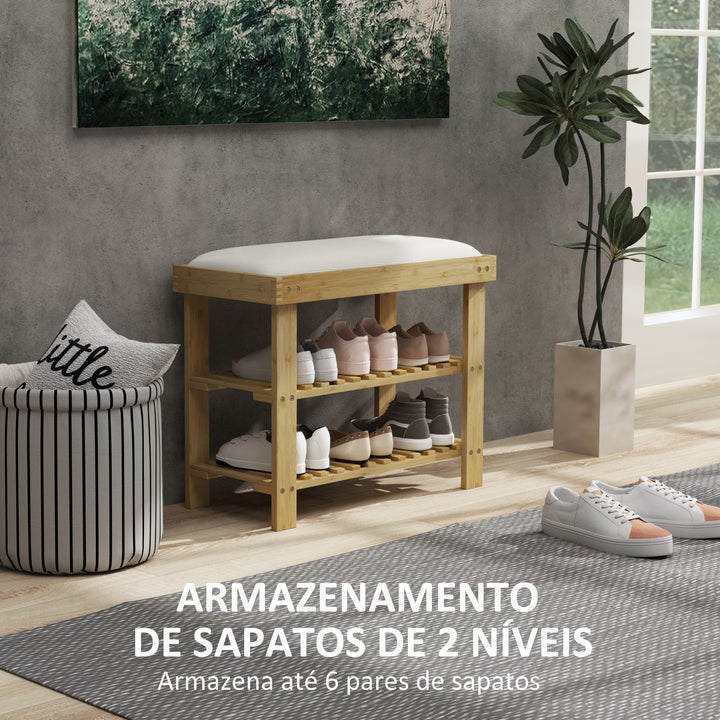 Banco Sapateira de Bambu Sapateira com Assento Almofadado 2 Prateleiras para 6 Pares de Sapatos para Entrada Dormitório 60x29x49 cm Madeira e Creme