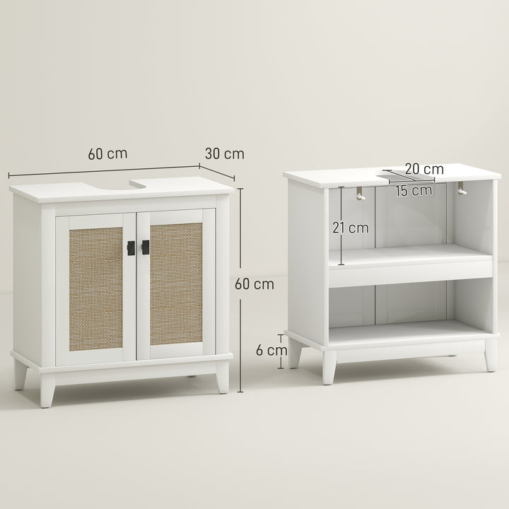 Móvel para Lavatório Pousar Armário Casa de Banho com 2 Portas de Vime PE 2 Prateleiras e Sistema Anti-Tombo para Casa de Banho 60x30x30 cm Branco