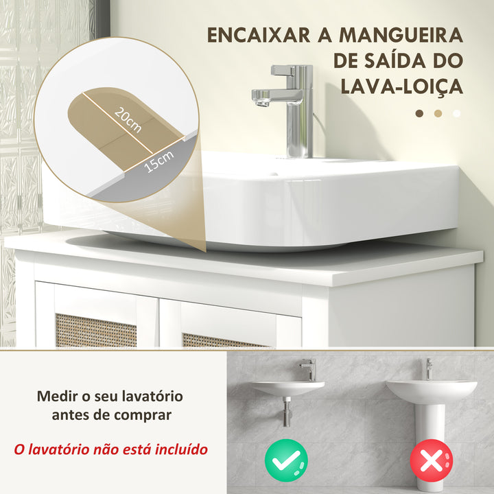 Móvel para Lavatório Pousar Armário Casa de Banho com 2 Portas de Vime PE 2 Prateleiras e Sistema Anti-Tombo para Casa de Banho 60x30x30 cm Branco