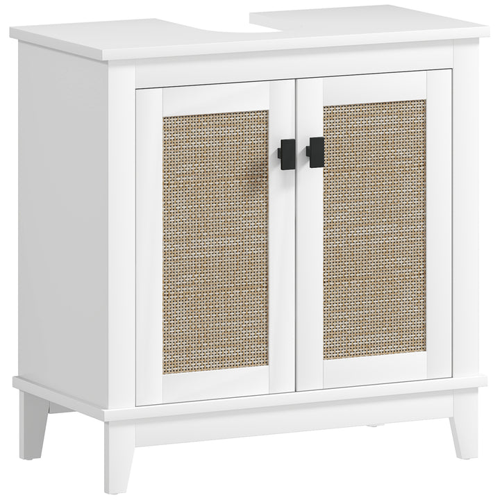 Móvel para Lavatório Pousar Armário Casa de Banho com 2 Portas de Vime PE 2 Prateleiras e Sistema Anti-Tombo para Casa de Banho 60x30x30 cm Branco
