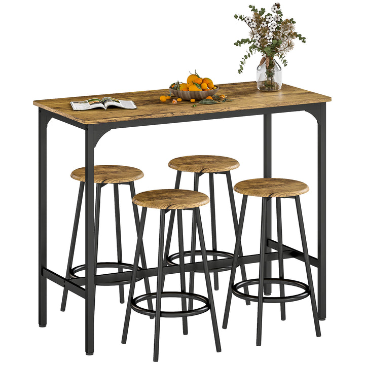Conjunto de Móveis Altos Mesa e Cadeiras de Bar com 5 Peças Mesa de Refeição Industrial e 4 Bancos Redondos com Estrutura de Metal para Pub Sala de Jantar Marrom Rústico e Preto