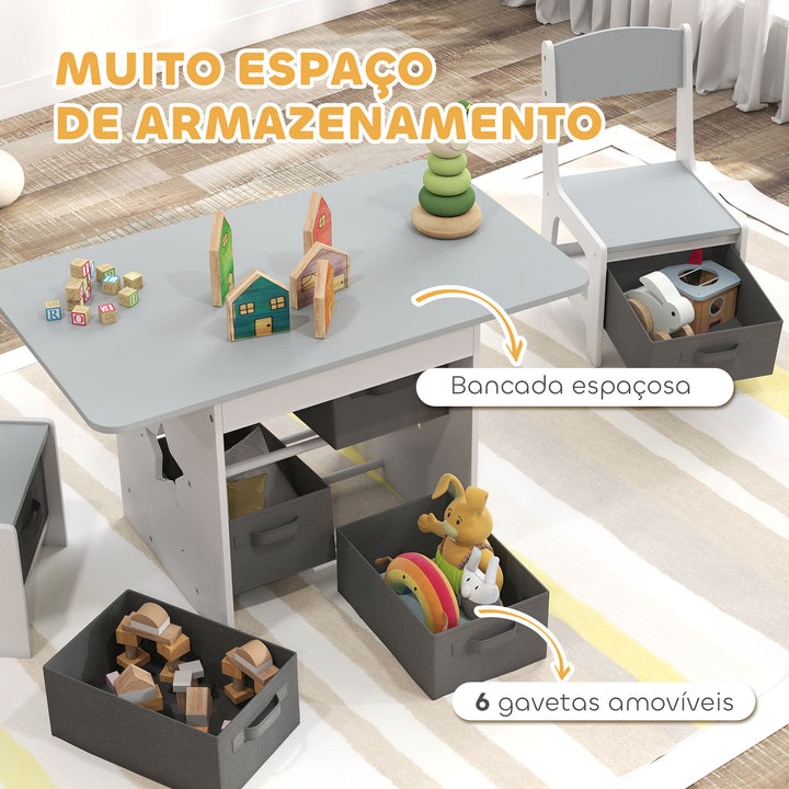 Mesa Infantil com 2 Cadeiras Mesa e Cadeiras para Crianças com 6 Gavetas de Tecido Desenho Estrelas para Meninos e Meninas de 3-8 Anos para Casa Escola Infantil Salas de Aula Cinza Claro
