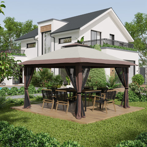 Tenda Dobrável Pop-UP 3,92x3,92x2,83 m Tenda de Jardim com Altura Ajustável Proteção UV50+ Teto Duplo Rede Mosquiteira e Bolsa de Transporte com Rodas para Festas Campismo Bege e Marrom