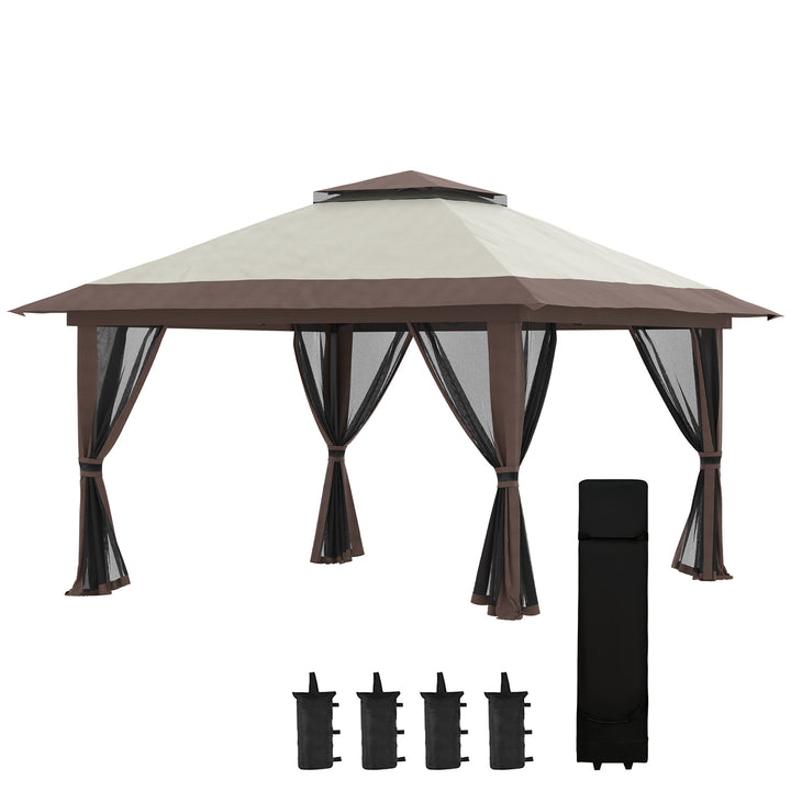 Tenda Dobrável Pop-UP 3,92x3,92x2,83 m Tenda de Jardim com Altura Ajustável Proteção UV50+ Teto Duplo Rede Mosquiteira e Bolsa de Transporte com Rodas para Festas Campismo Bege e Marrom