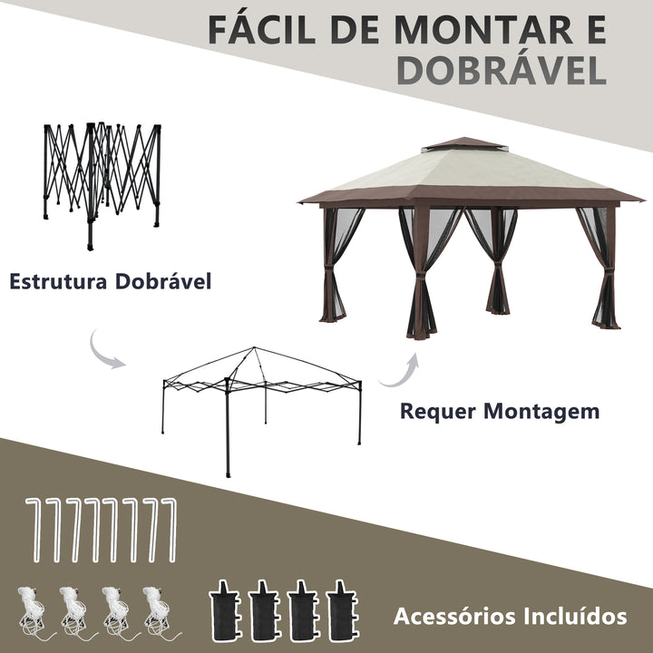Tenda Dobrável Pop-UP 3,92x3,92x2,83 m Tenda de Jardim com Altura Ajustável Proteção UV50+ Teto Duplo Rede Mosquiteira e Bolsa de Transporte com Rodas para Festas Campismo Bege e Marrom