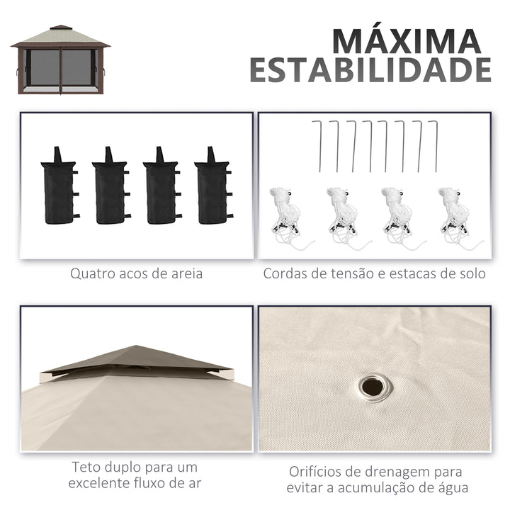Tenda Dobrável Pop-UP 3,92x3,92x2,83 m Tenda de Jardim com Altura Ajustável Proteção UV50+ Teto Duplo Rede Mosquiteira e Bolsa de Transporte com Rodas para Festas Campismo Bege e Marrom