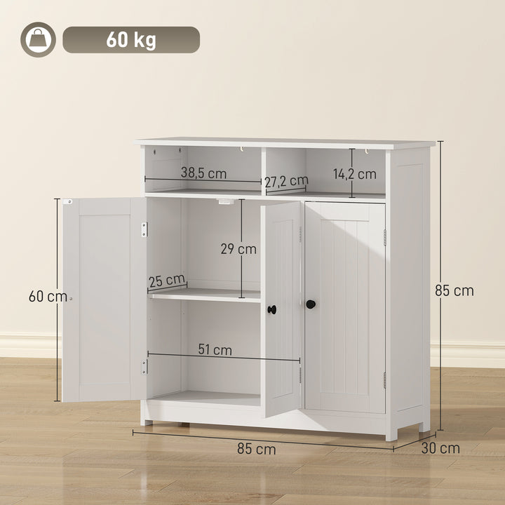 Armário de Casa de Banho Móvel de Casa de Banho Estreito com 3 Portas 2 Compartimentos Abertos Prateleira Ajustável para Sala de Estar Cozinha 85x30x85 cm Branco