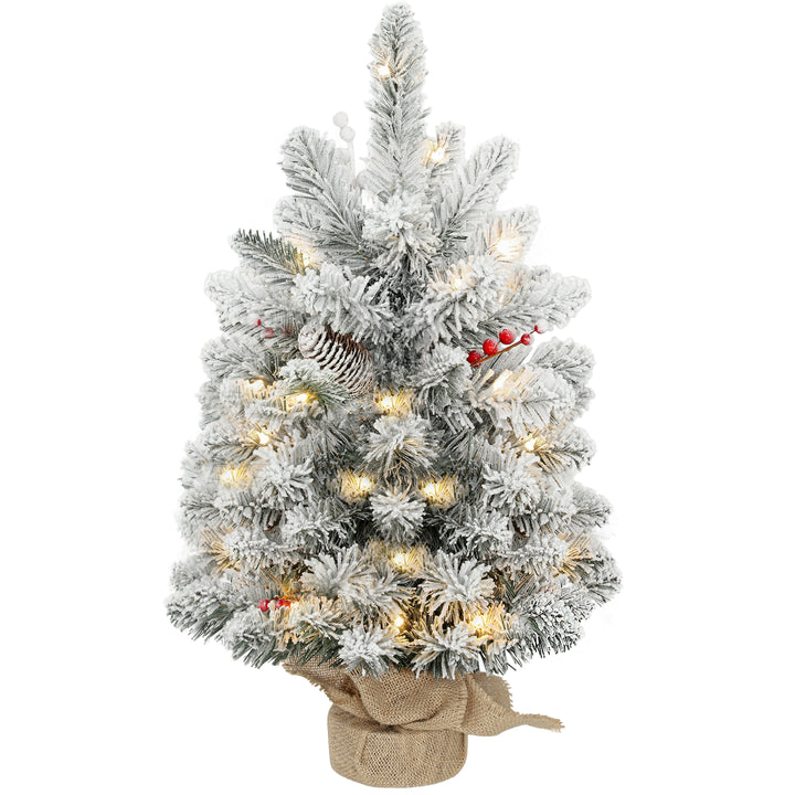 Árvore de Natal com 35 Luzes LED 60 cm Mini Árvore de Natal Artificial com 72 Ramos com Neve Pinhas Bagas e Base de Saco de Juta Decoração de Natal de Mesa para Casa Escritório Verde
