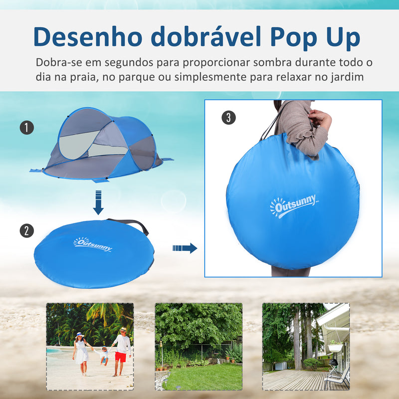 Tenda de Praia Dobrável Pop-Up para 1-2 Pessoas com 1 Porta 2 Janelas e Bolsa de Transporte para Parque Campismo 200x120x90 cm Azul