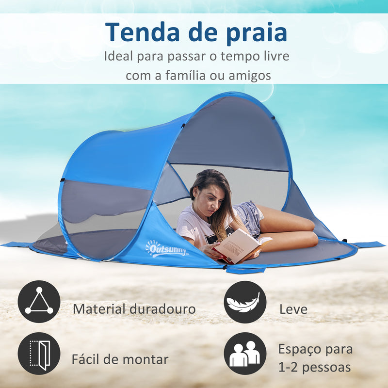 Tenda de Praia Dobrável Pop-Up para 1-2 Pessoas com 1 Porta 2 Janelas e Bolsa de Transporte para Parque Campismo 200x120x90 cm Azul